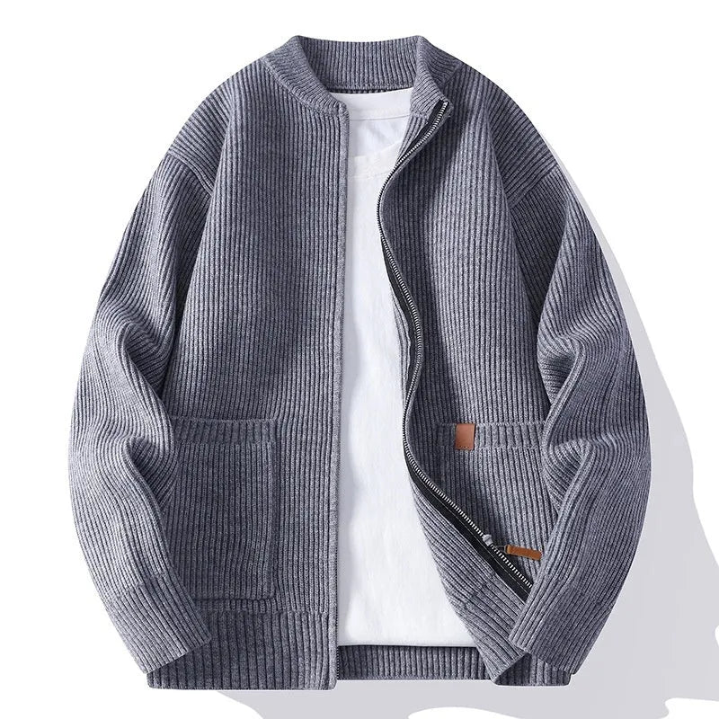 Men's beige striped straight fit cardigan jacket on a hanger.