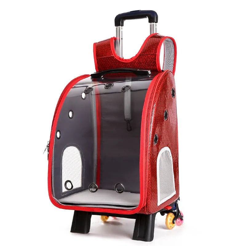 Blue transparent pet trolley bag with folding shoulder strap for small dogs and cats