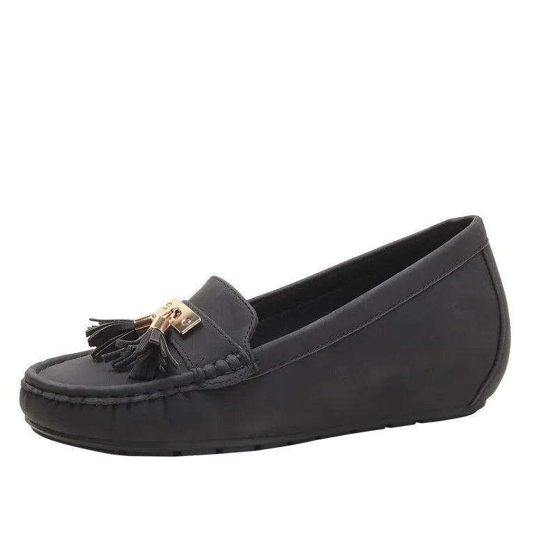 Flat heel height increasing insole work shoes with mid heel in beige, black, blue, and brown colours
