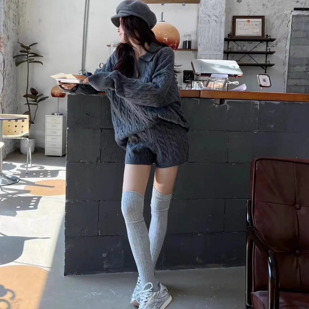 Women's geometric cable pattern knitted suit set with elastic waist shorts and long sleeve sweater