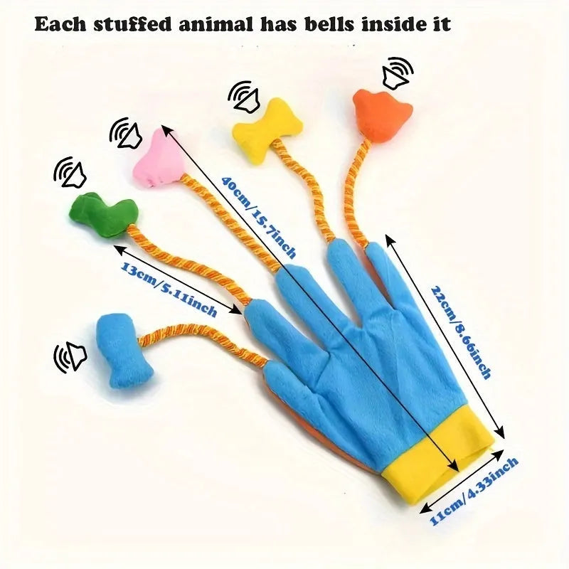 Yellow and blue plush cat toy with integrated bell measuring 40cm by 11cm