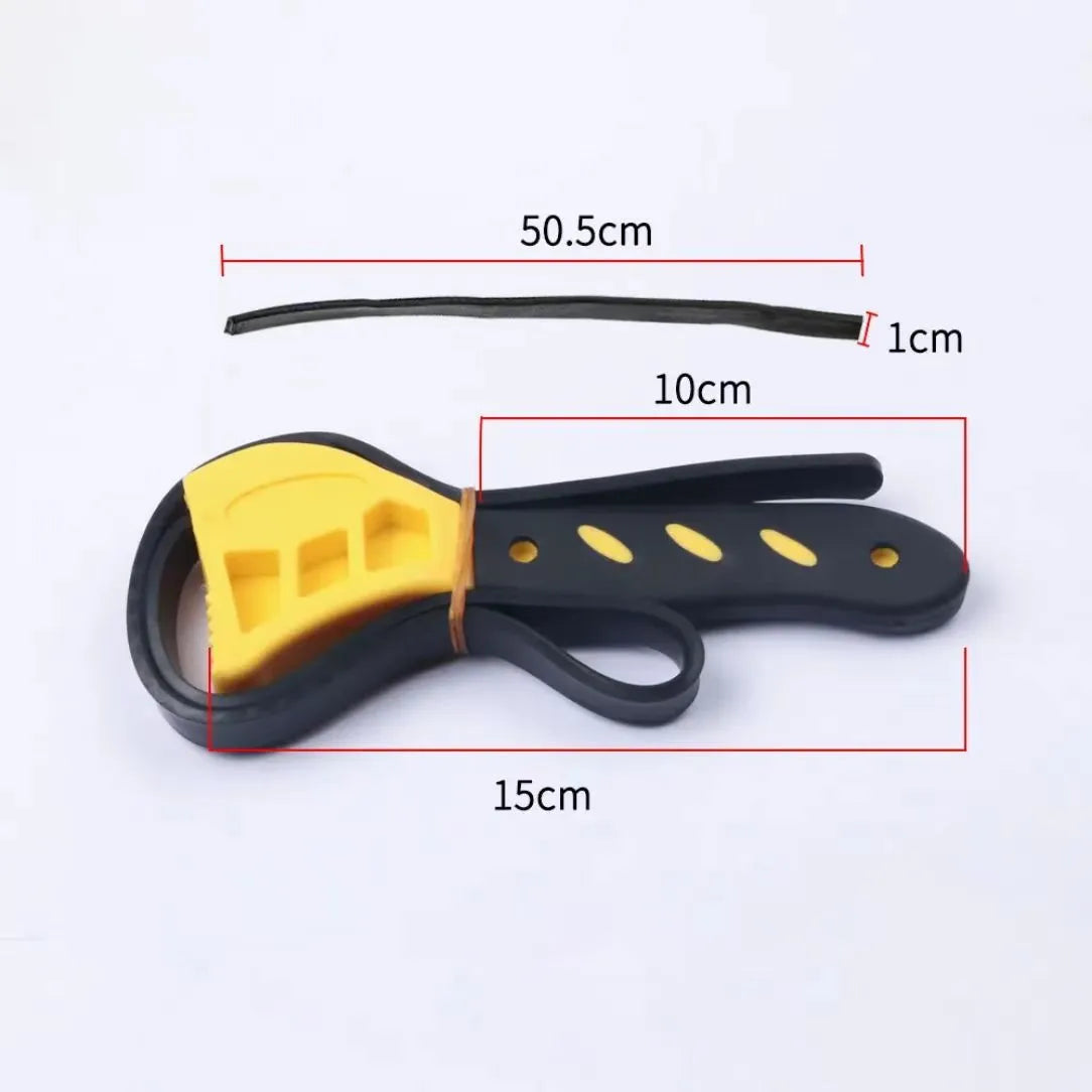Two adjustable rubber strap wrenches, a 6-inch and an 8-inch model, for gripping oil filters and plumbing fixtures.