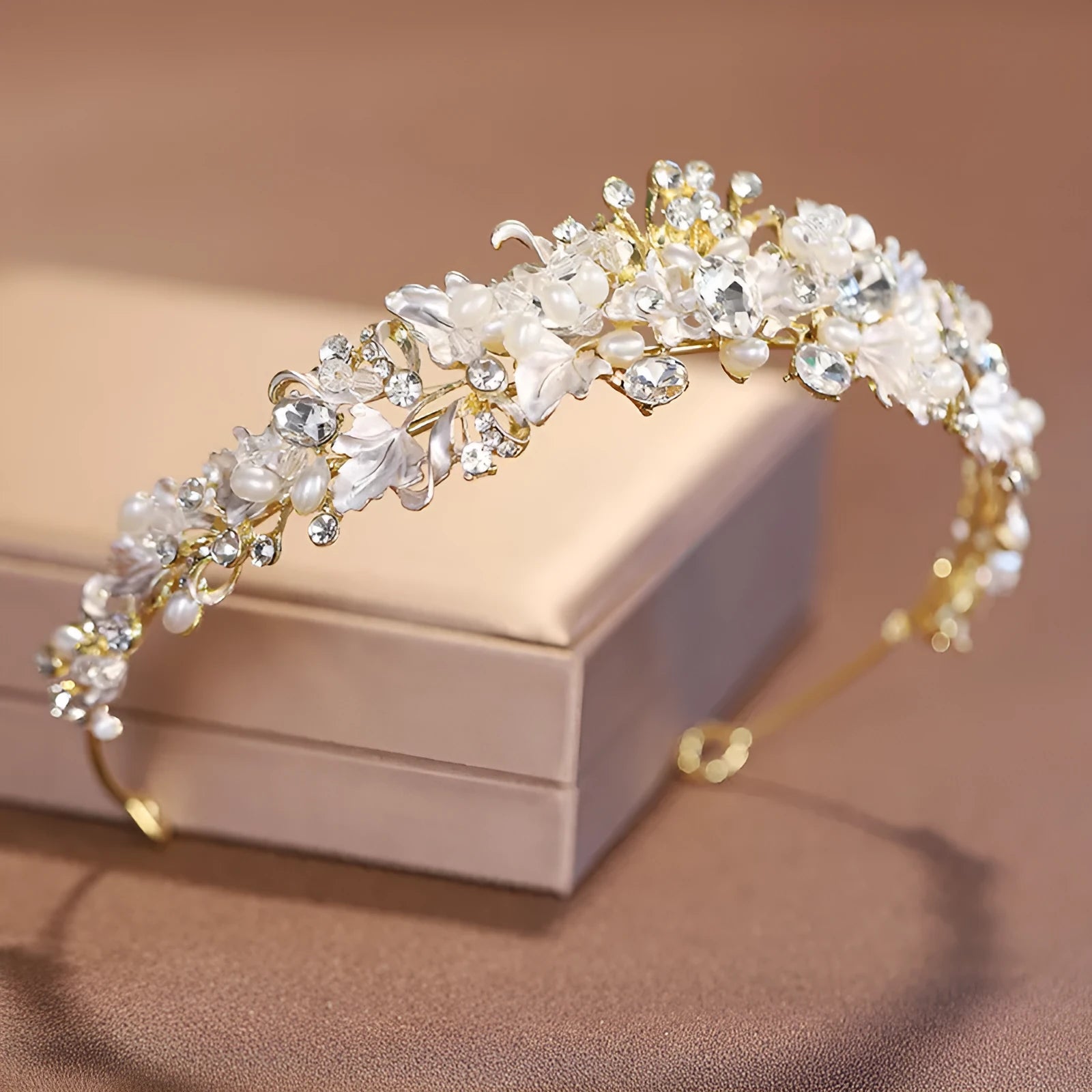 Gold and silver pearl crown headdress for women with alloy electroplated finish