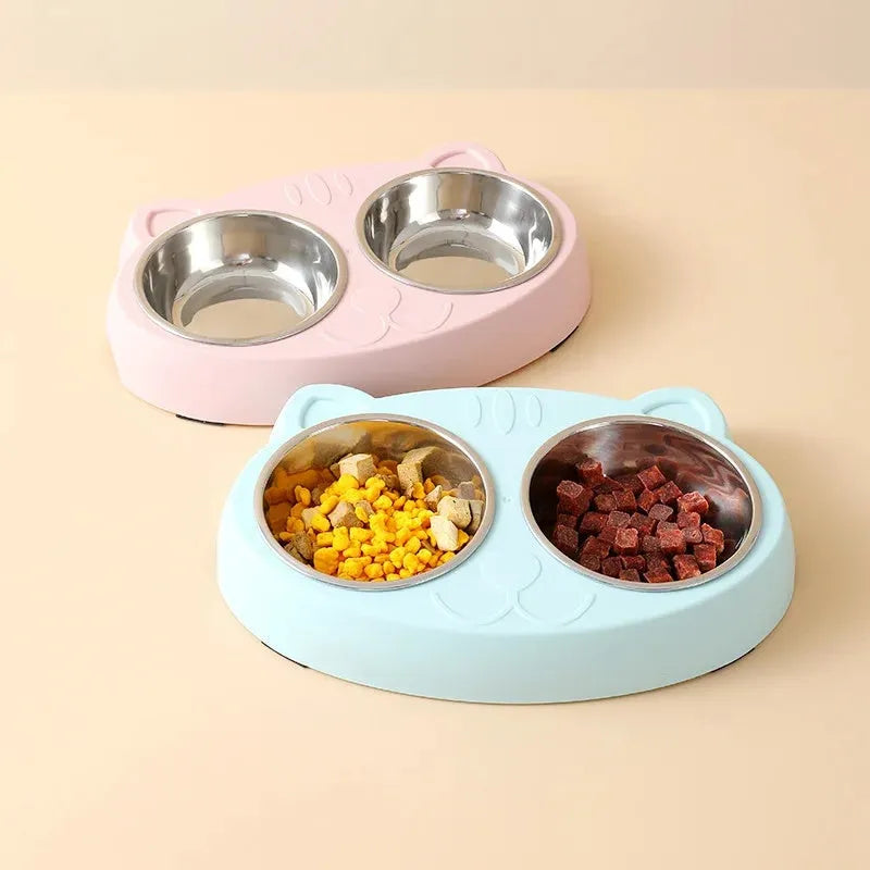 Macaron pet double bowl plastic feeding tray in blue green pink colours measuring 26.5 x 17 x 4 cm