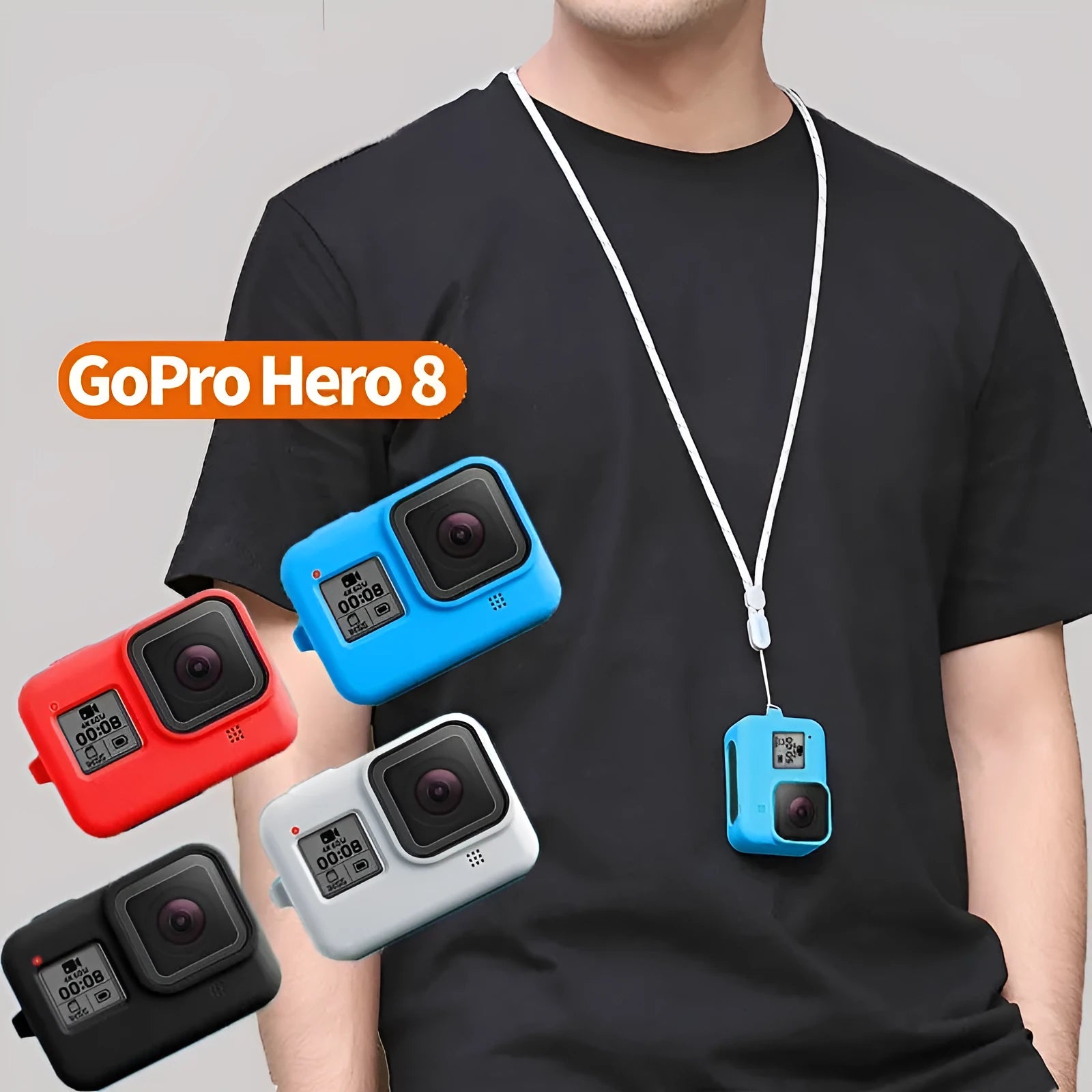 GoPro Hero8 Black silicone protective sleeve and anti-loss carrying strap accessory set in blue.