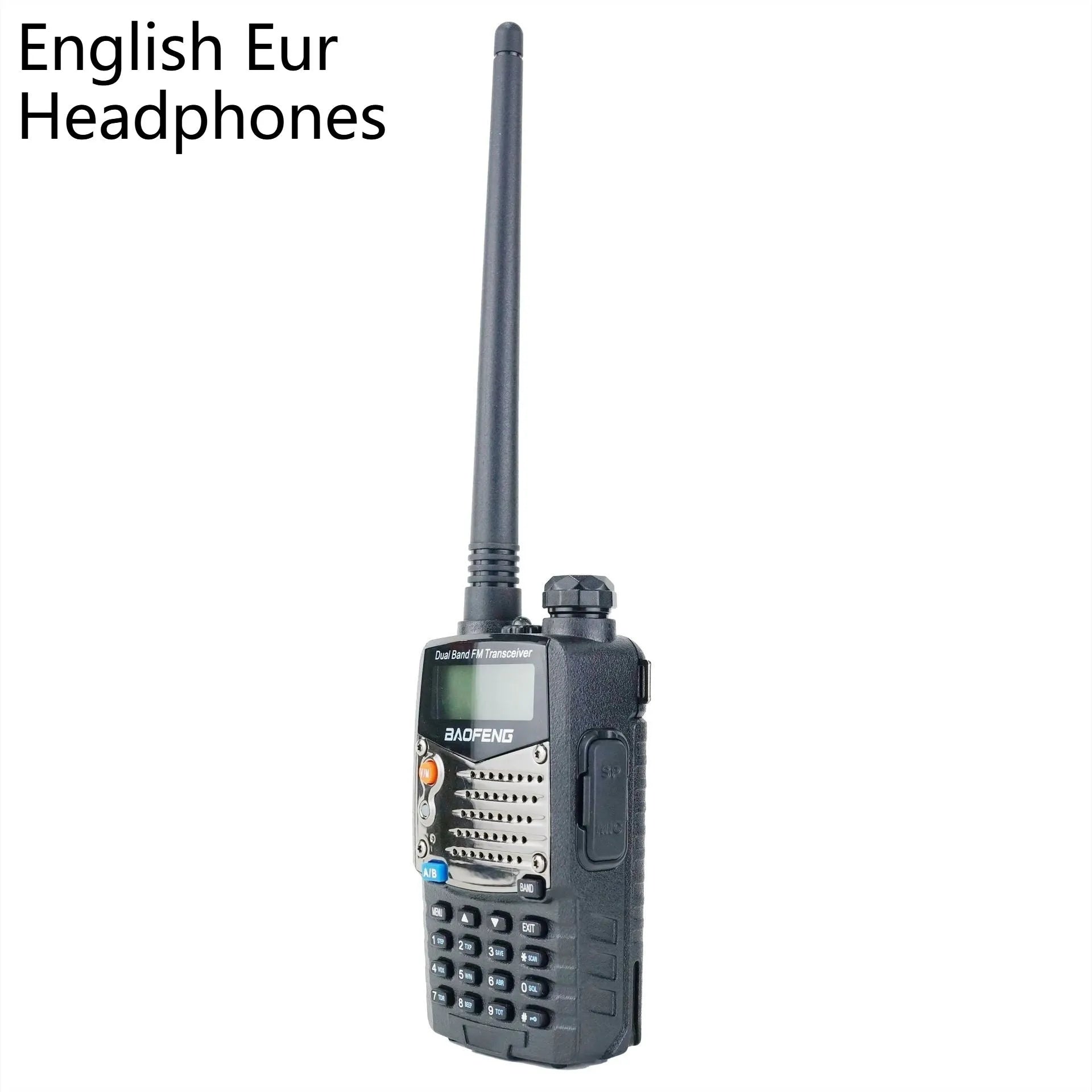 Baofeng UV-5RA dual-band walkie-talkie with dual display showing channel information