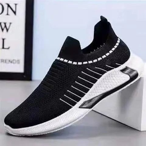 Men's mesh sock shoes with striped design showing flyknit upper and front lace-up styling