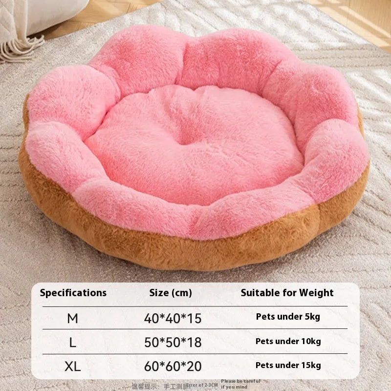 A thick round rabbit plush cat bed with a removable washable cover, shown in a brown grey colour.