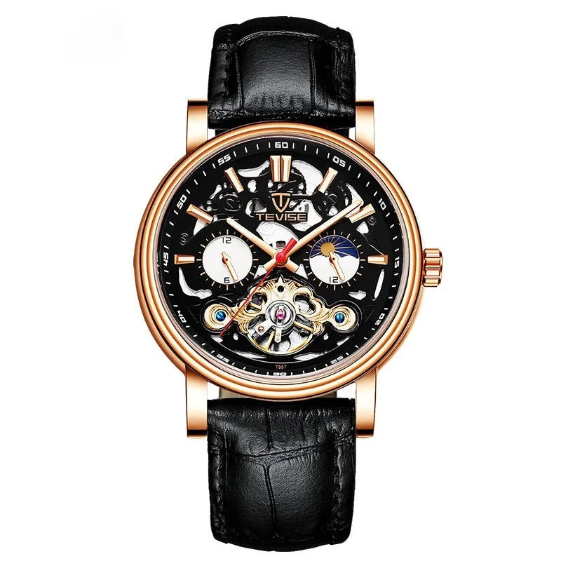 Men's waterproof luminous mechanical watch with tourbillon movement and skeleton dial