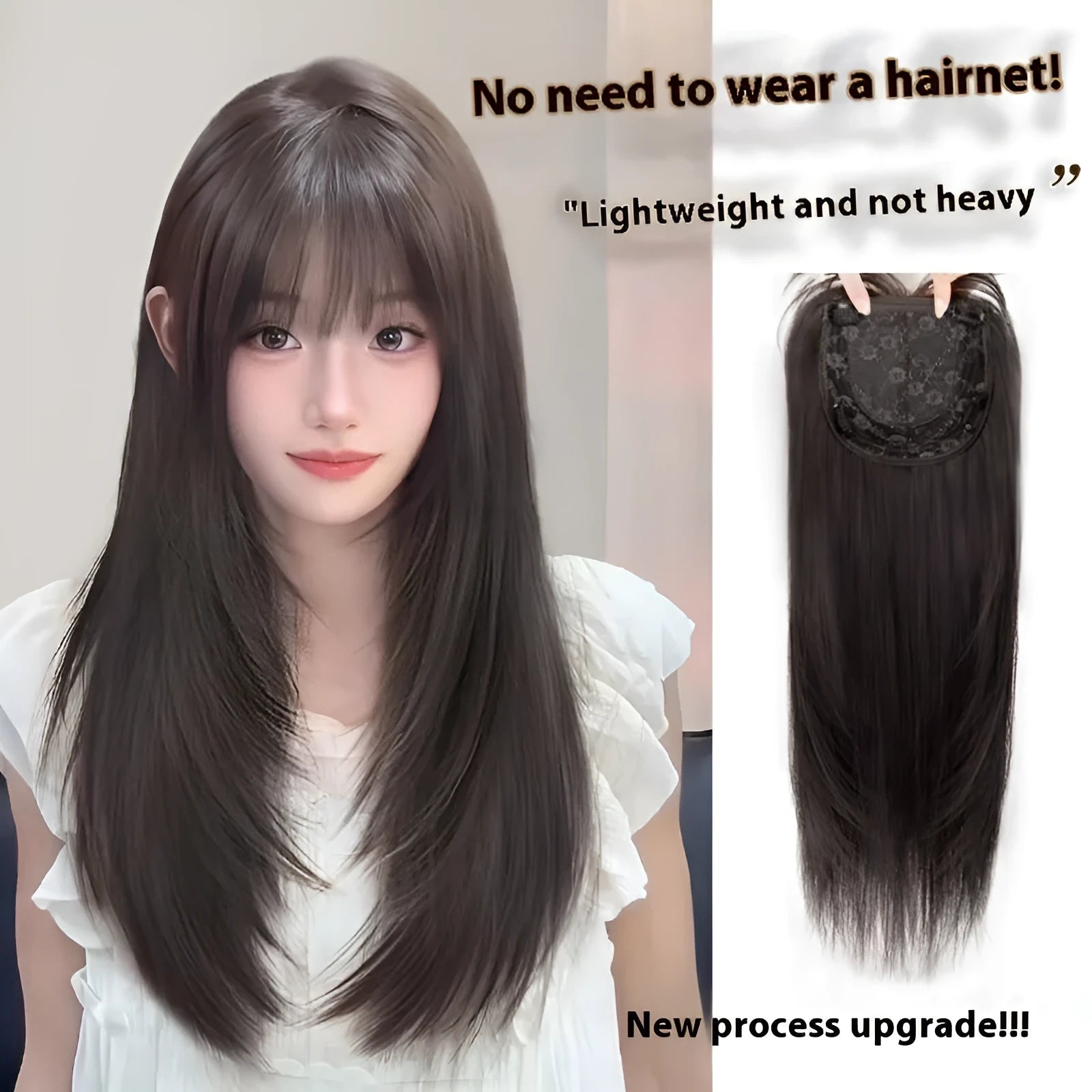 Black long straight full-head wig with high-layered cut and brown-black highlights in bangs and middle sections