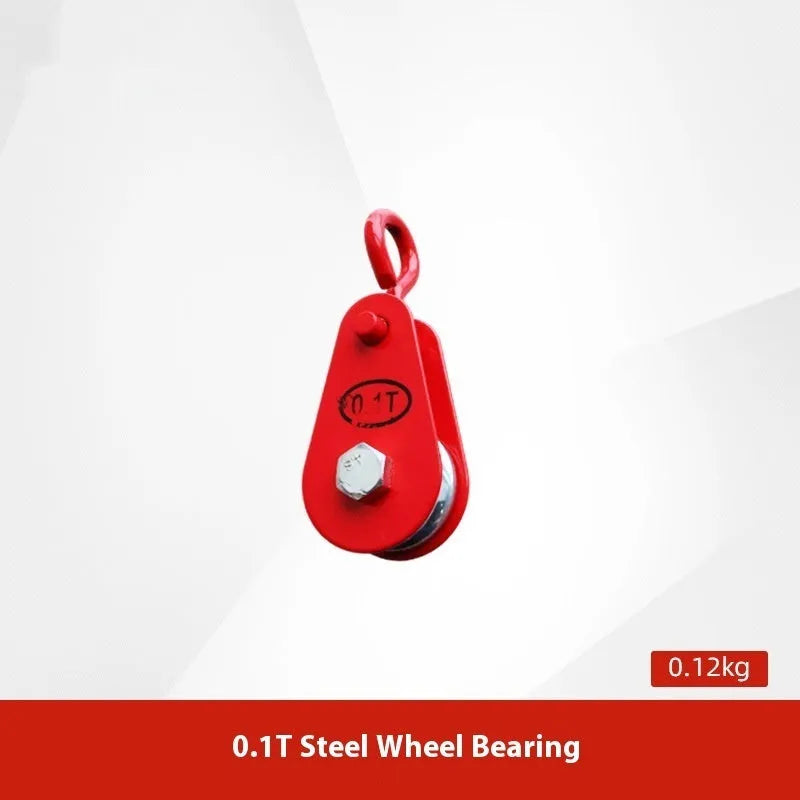 Red forged steel lifting pulley with a ring hook and safety latch for industrial general lifting applications.