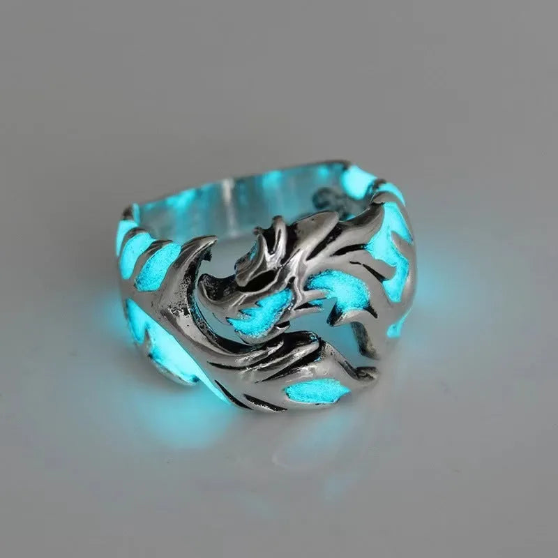 Adjustable Chinese dragon ring with luminous ancient silver blue and green electroplated metal geometric design