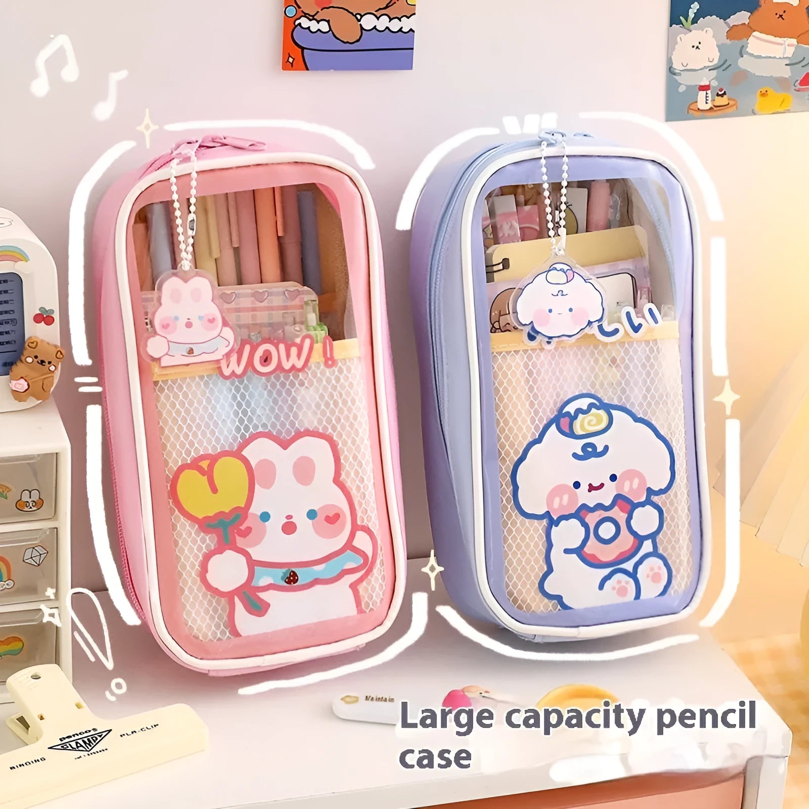 Transparent PVC pencil case with cartoon pattern, showing large capacity design for stationery storage