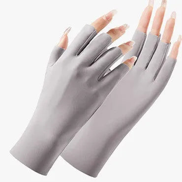 Women's fingerless UPF50+ sunscreen gloves in cooling ice silk nylon fabric