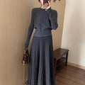 Women's dark grey knitted long dress suit two-piece set with ethnic style 3D pattern