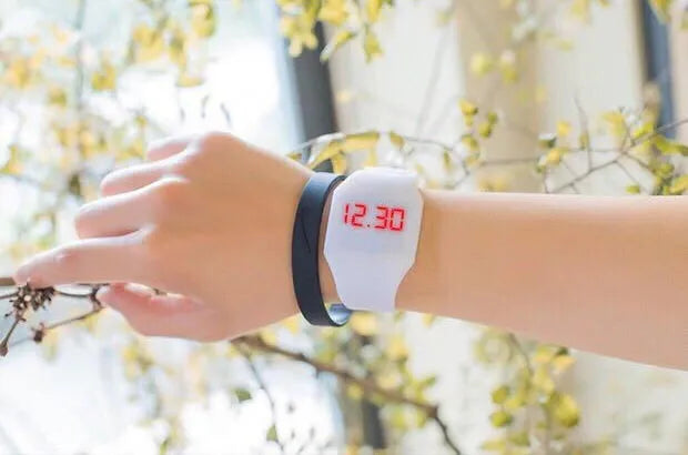 Square digital touch screen watch in multiple colours with stainless steel buckle on PU strap