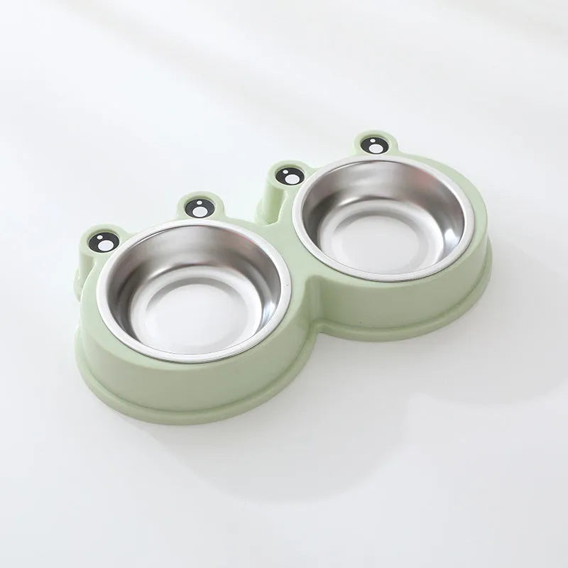Stainless steel double pet bowl set with frog-shaped non-skid base in blue colour