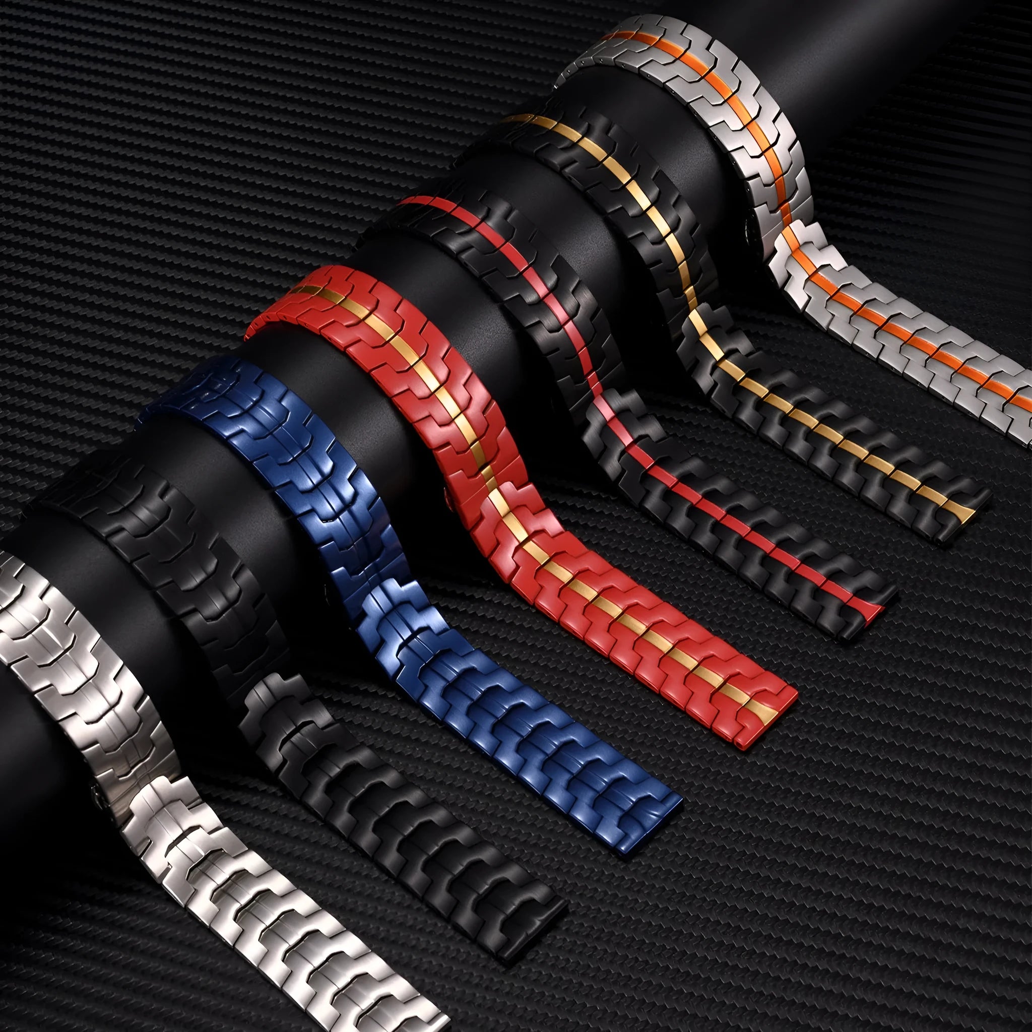 Stainless steel watch band for Samsung Galaxy Watch in silver, black, titanium, blue, and two-tone colour options.