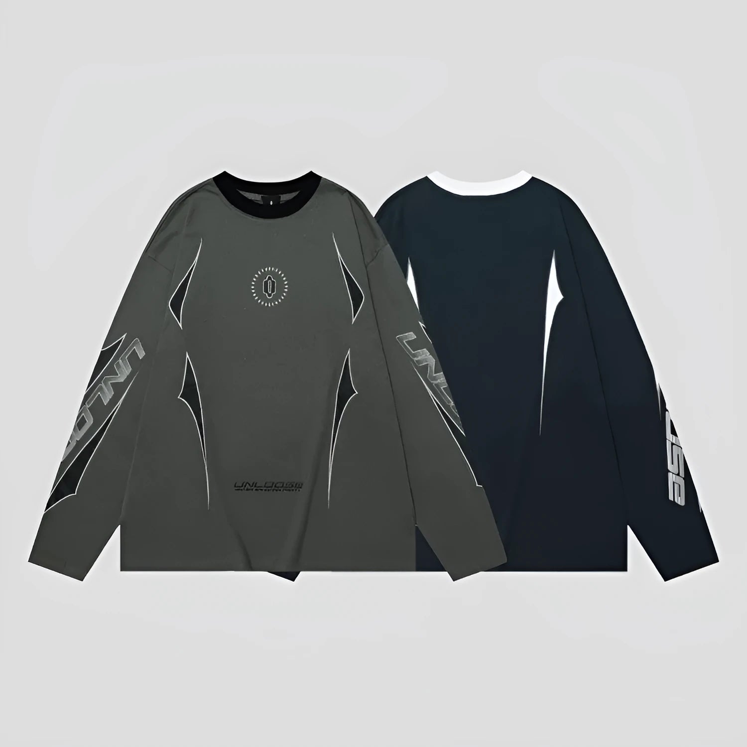 Grey khaki loose fit cotton pullover with drop shoulders and a printed lettered pattern.