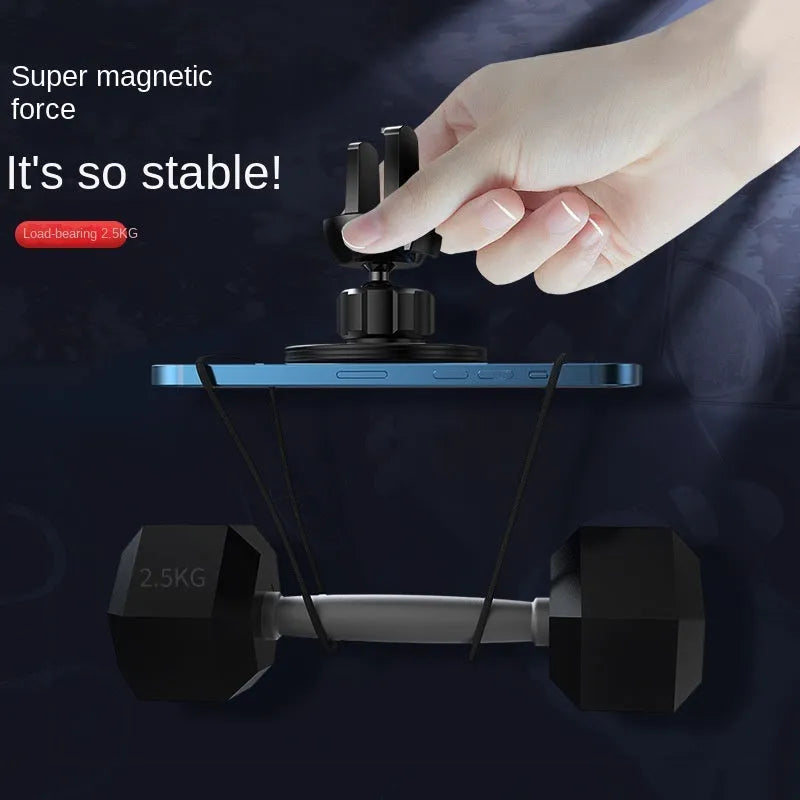 Black aluminium alloy magnetic suction car phone holder mounted on a car air vent