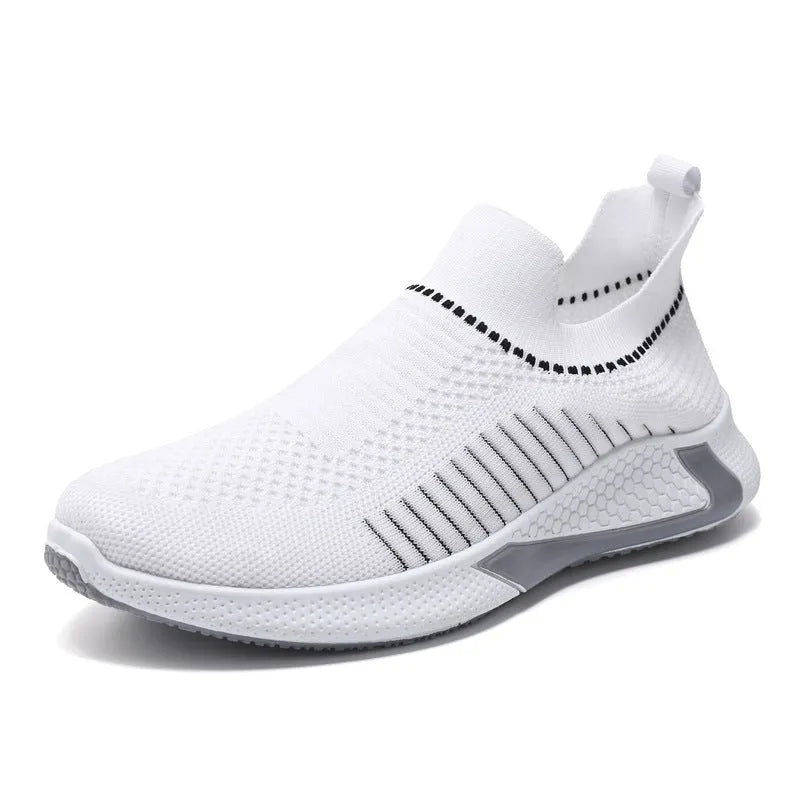 Men's mesh sock shoes with striped design showing flyknit upper and front lace-up styling