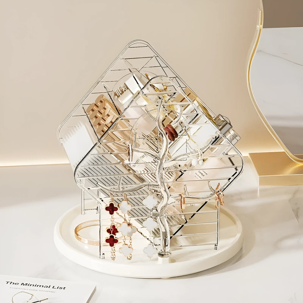 Rotating cosmetics storage box with 360-degree rotation in clear and amber gold plastic