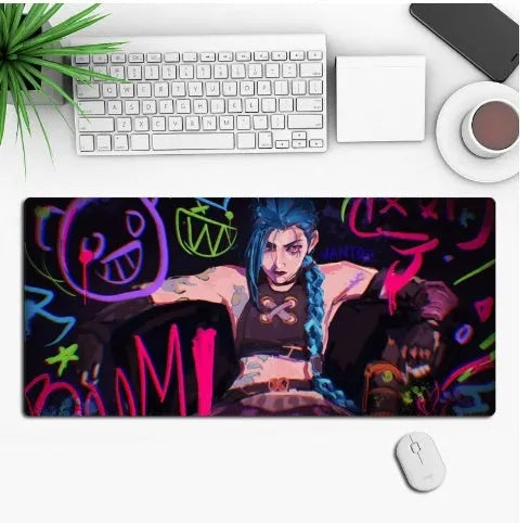 Anime-themed gaming mouse pad on a desk, showing non-slip rubber base and printed cloth surface.