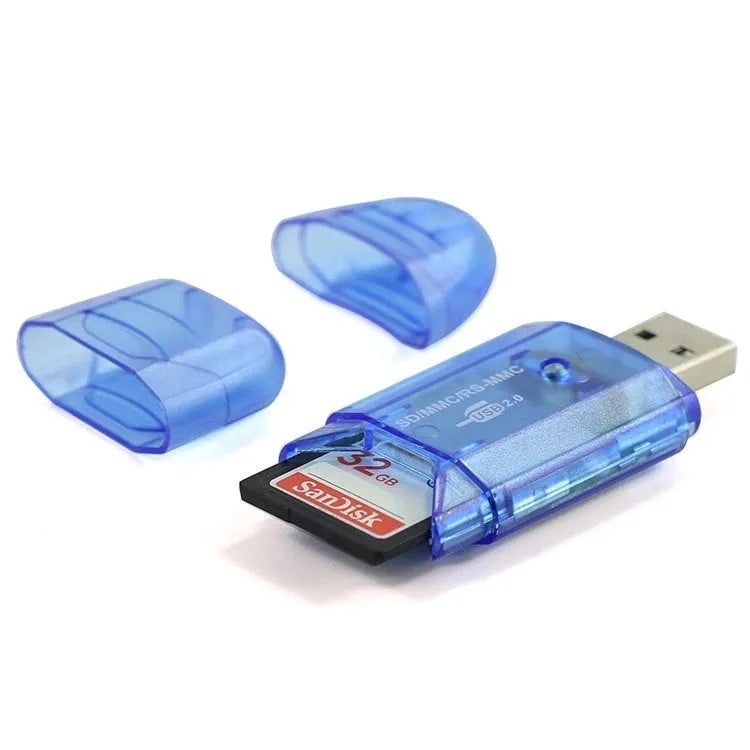 Transparent plastic USB card reader with LED lighting on computer desk