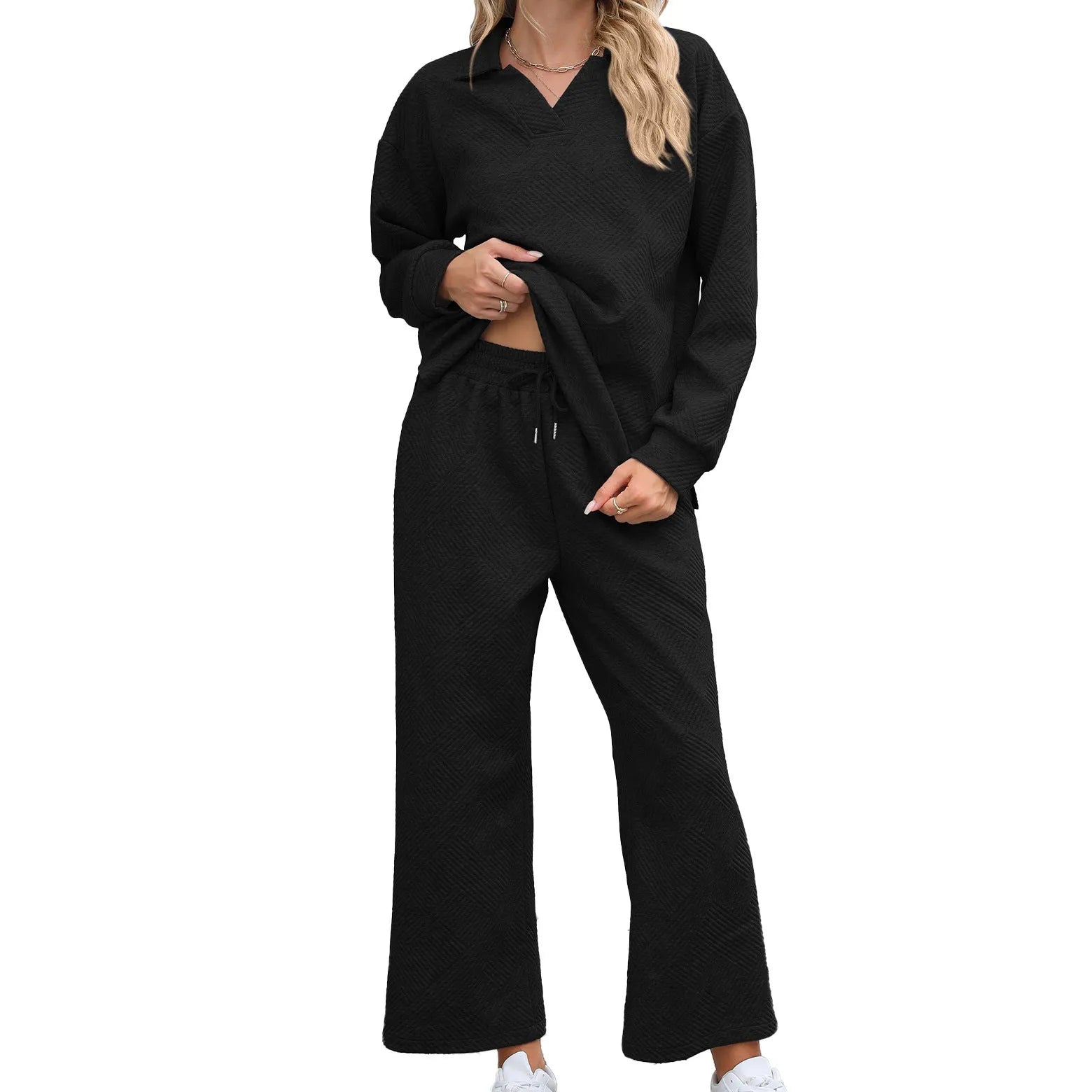 Women's solid colour knitted jacquard two-piece suit with lapel top and elastic waist cropped trousers