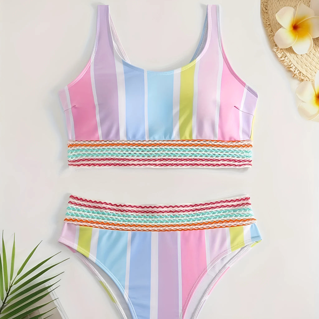 Women's striped sport bikini set with briefs style bottoms and coordinating top