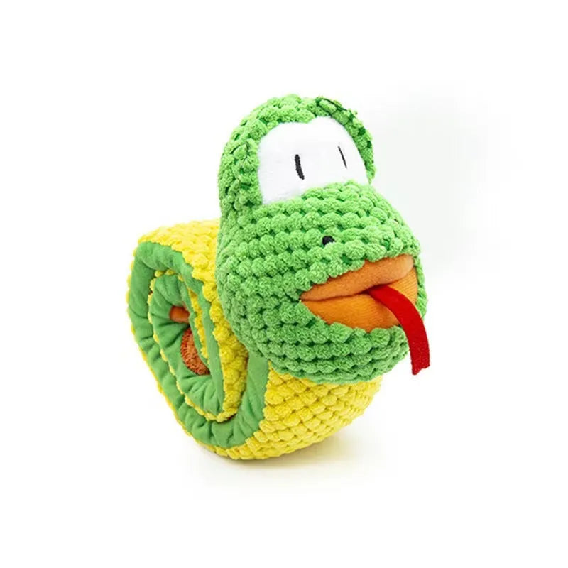 Squeaky dog puzzle snuffle toy that transforms into snail or stick shape for foraging games.