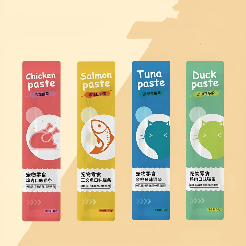 Pack of ten cat strip snacks in chicken, duck, salmon and tuna flavours for kittens