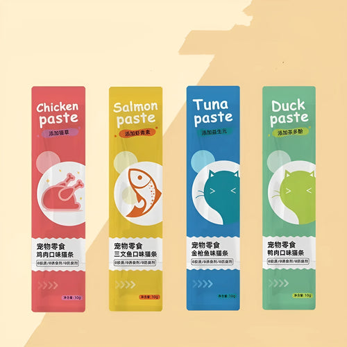 Pack of ten cat strip snacks in chicken, duck, salmon and tuna flavours for kittens