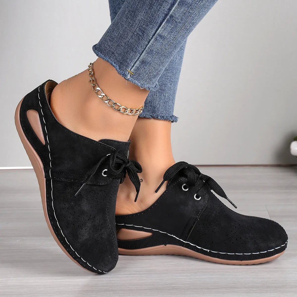 Women's lace-up wedge slippers with hollow-out suede upper and rubber sole