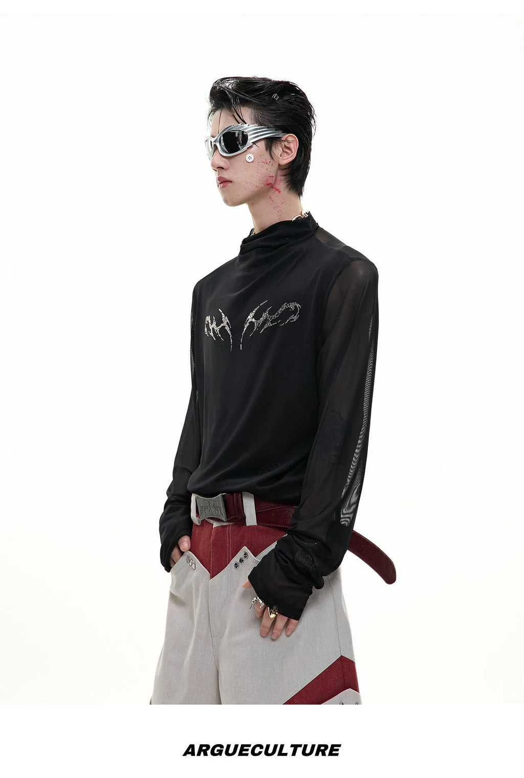 Niche mesh slim fit long sleeve shirt in black and white on a mannequin