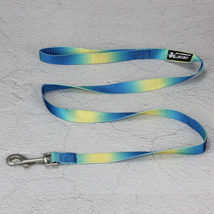 Gradient colour dog leash set showing pink and blue nylon collar and chest strap harness options