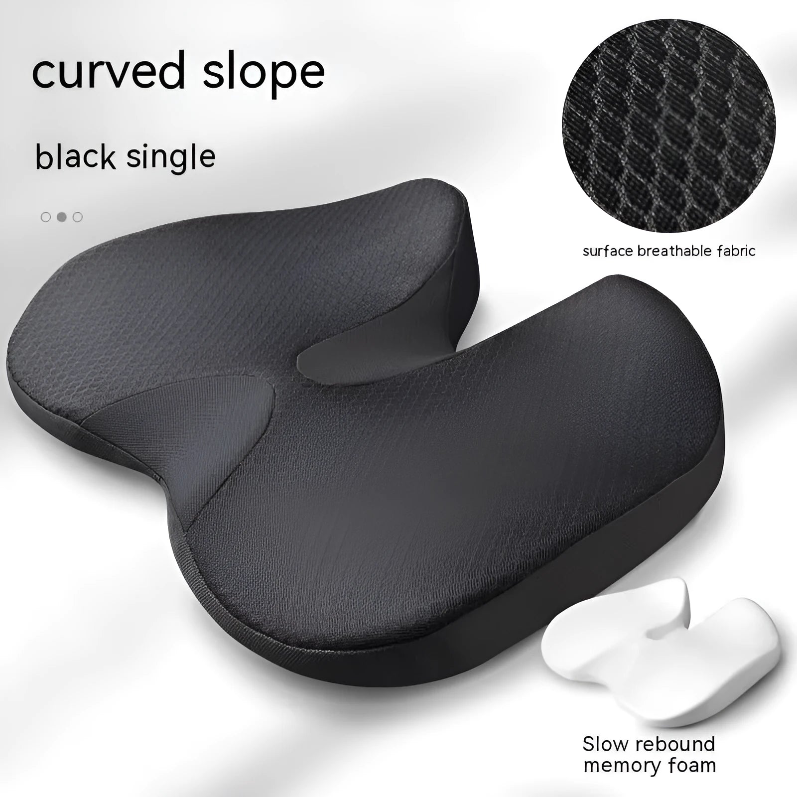 Curved bevel orthopaedic seat cushion for tailbone support in black, grey, brown or beige