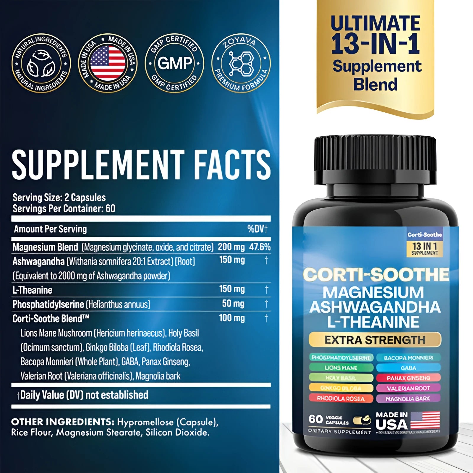 Glass bottle containing 60 vegetarian magnesium capsules with South African Drunken Eggplant extract