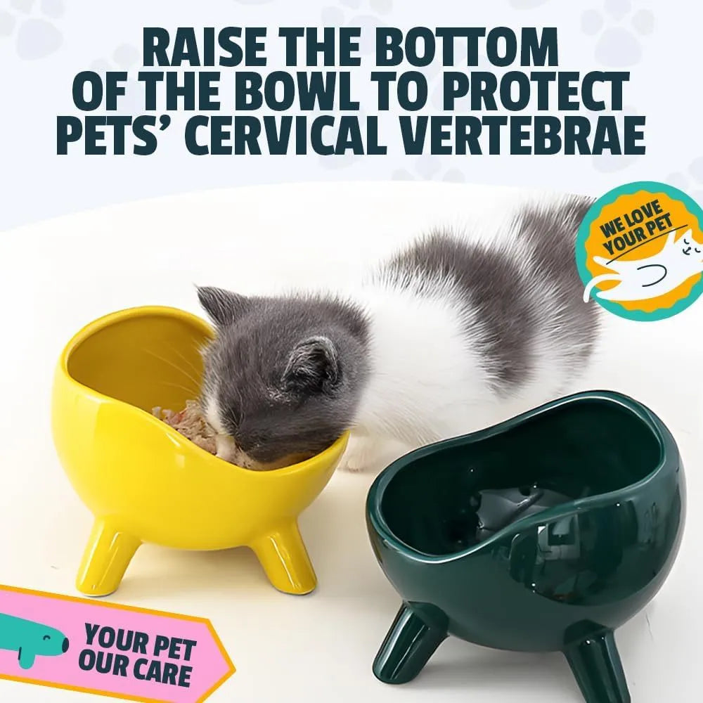 Green ceramic pet food bowl with four-legged base and rounded arc design