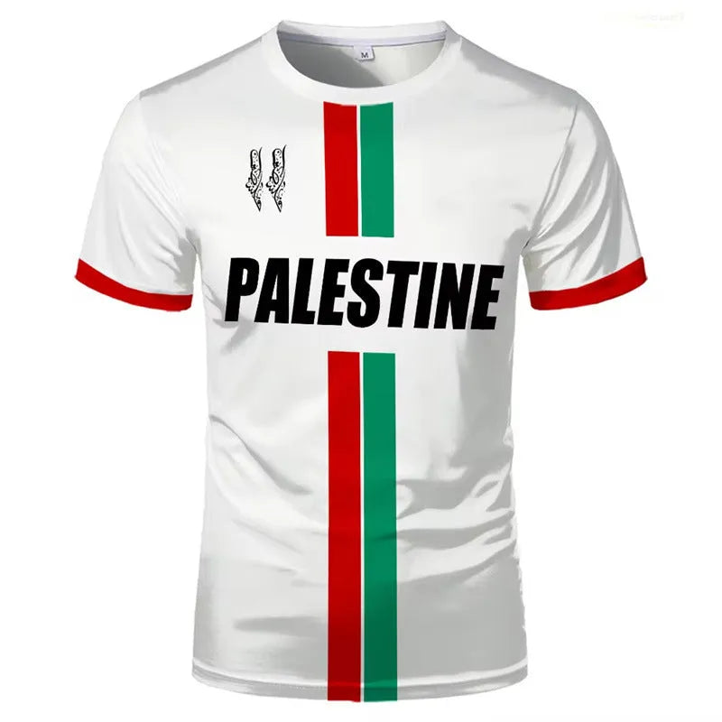 Black men's T-shirt with a raised white 3D football graphic print on the chest, showing half-length sleeves.