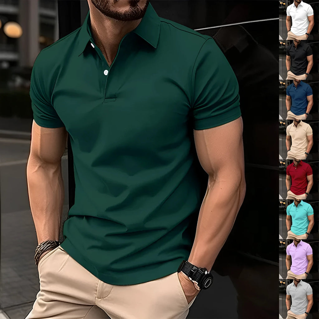 Men's solid colour short sleeve polo shirt with button lapel, shown in a selection of available colours.
