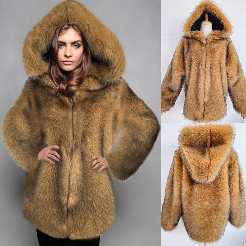 Silver grey loose mid-length artificial fur coat for women on a hanger.