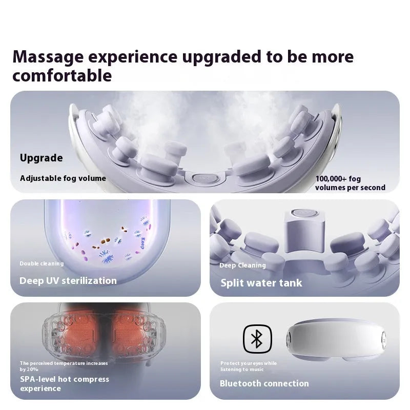 Bluetooth rechargeable eye hot compress massage device in purplish grey, green, or ink grey colour.