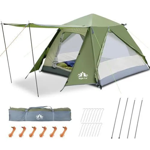 Dark green automatic camping tent for two people with dimensions 2.9m x 2m x 1.15m