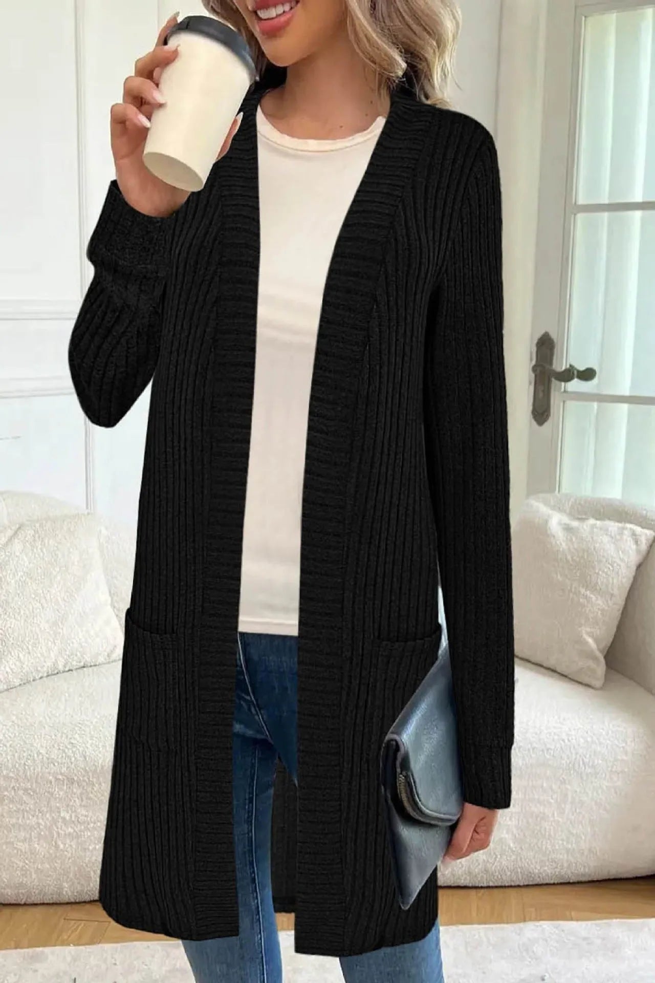 Long sleeve loose pocket knitted cardigan jacket in a relaxed fit, shown in black, grey, or wine red.