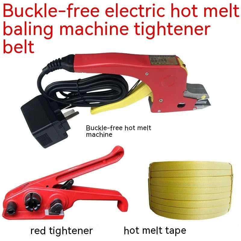 Portable electric hot melt packing machine with plastic steel tensioner and roll of yellow packaging tape.