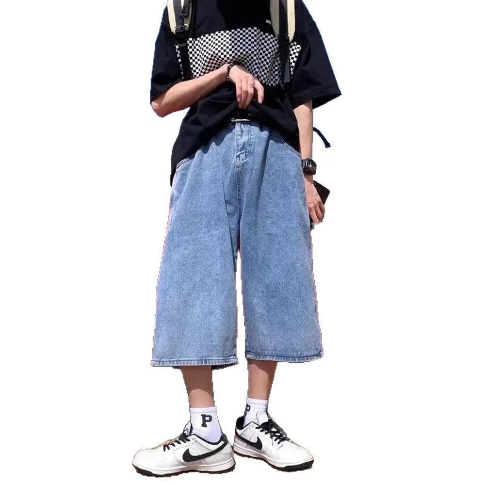 Men's washed blue denim cropped shorts with high waist and straight leg design