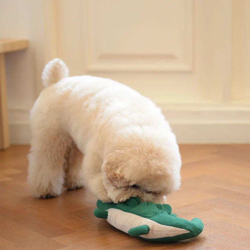 Green plush toy dog soft toy measuring 35cm tall on a white background.