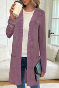 Long sleeve loose pocket knitted cardigan jacket in a relaxed fit, shown in black, grey, or wine red.