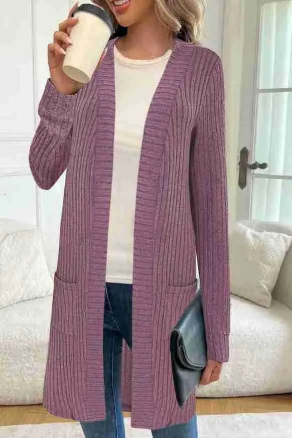 Long sleeve loose pocket knitted cardigan jacket in a relaxed fit, shown in black, grey, or wine red.